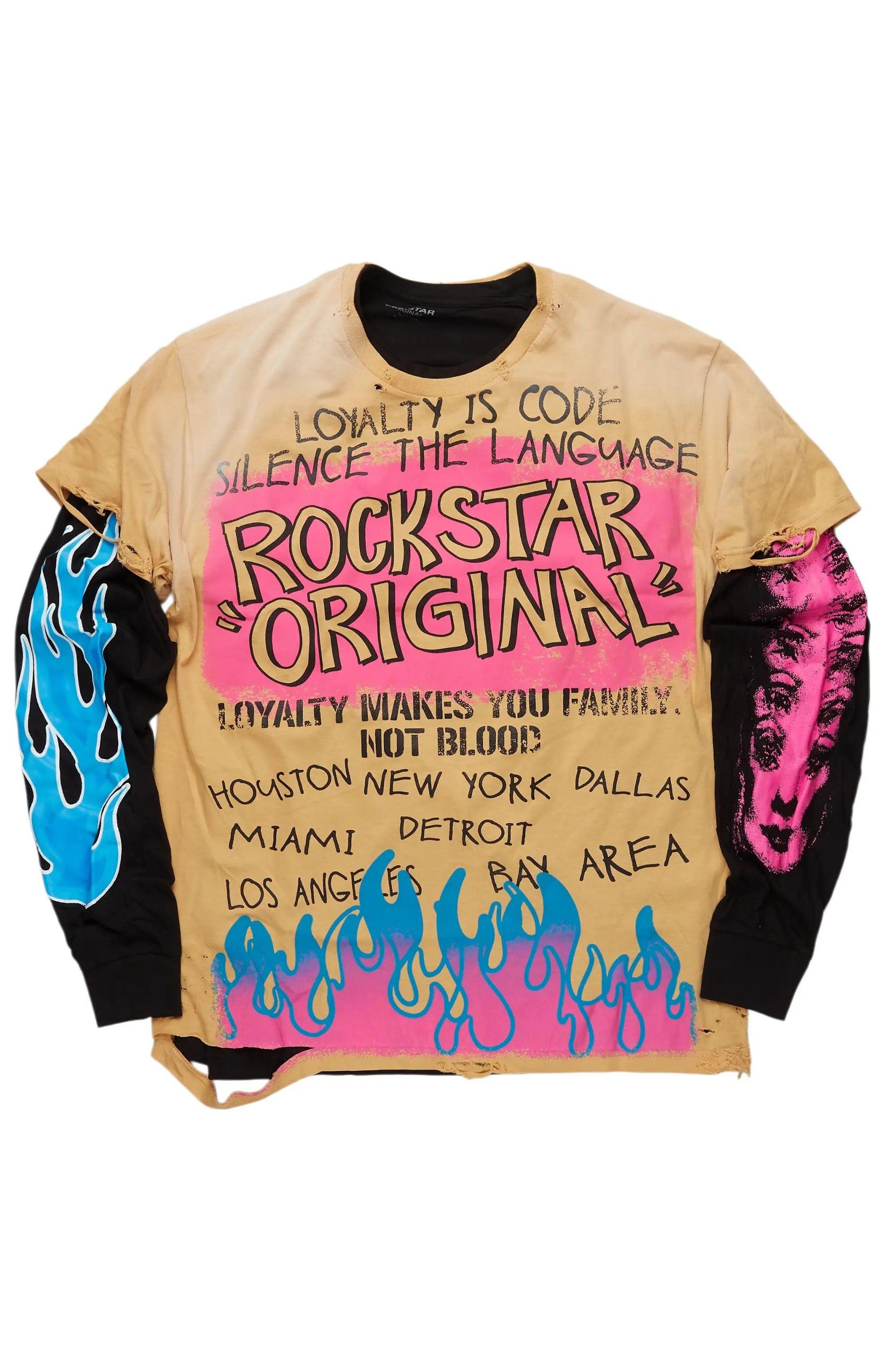 Beno Beige/Black Double Layer Long Sleeve Graphic T-Shirt Male Product Image