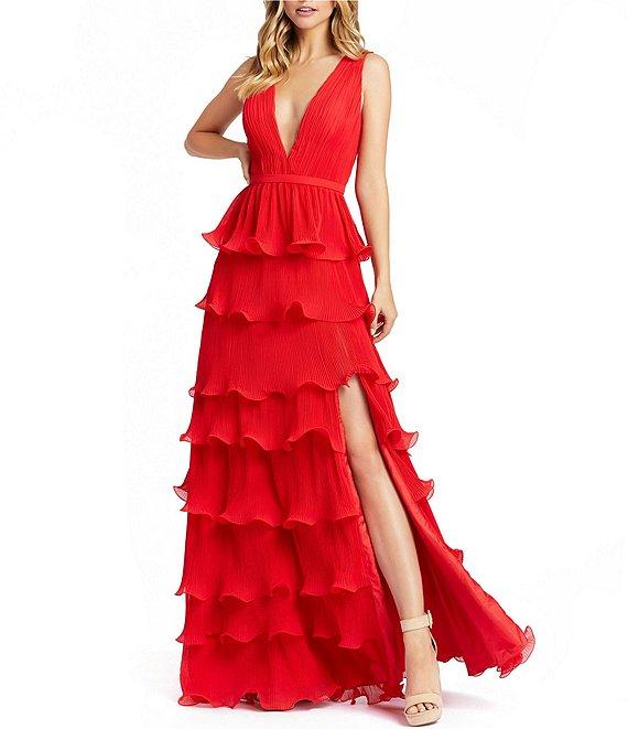 Mac Duggal Deep V-Neck Sleeveless Ruffle Tiered Thigh High Slit Gown Product Image
