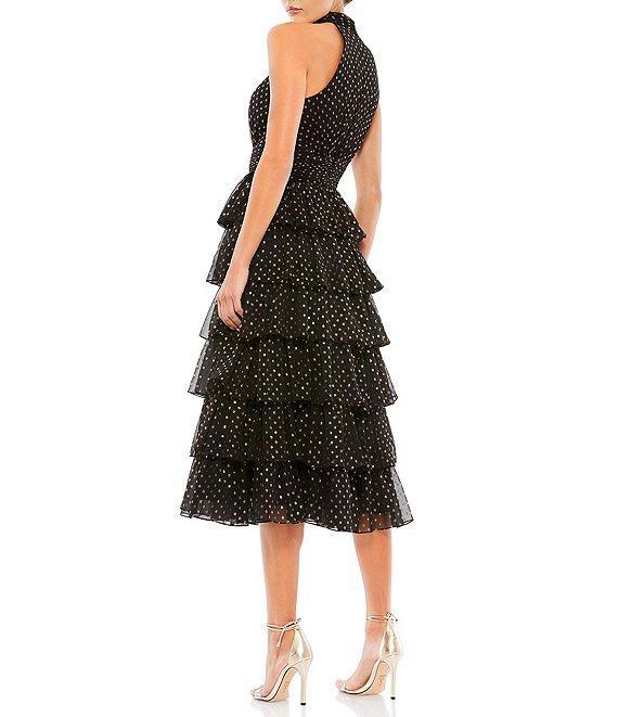 Mac Duggal A-Line Tiered Ruffle Halter Neck Sleeveless Midi Dress Product Image