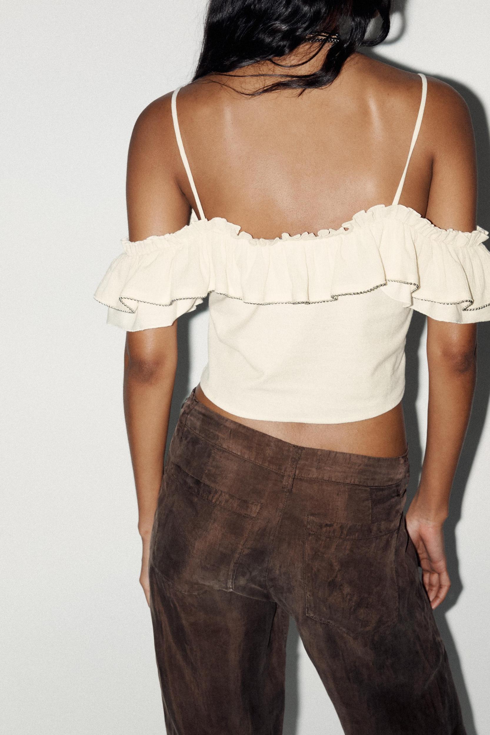 COLD-SHOULDER BEADED CROP TOP Product Image