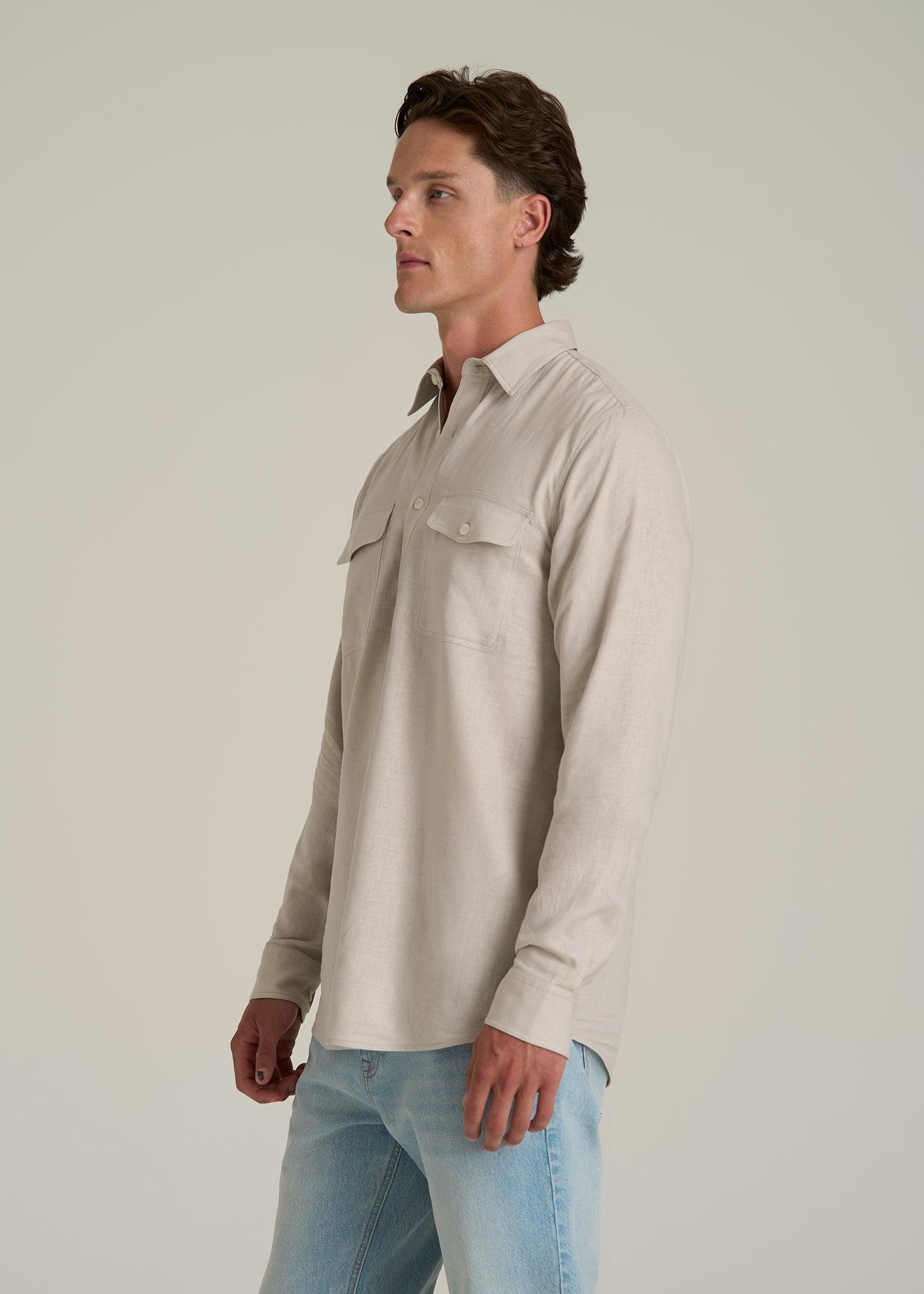 Linen Popover Shirt for Tall Men in Light Taupe Male Product Image