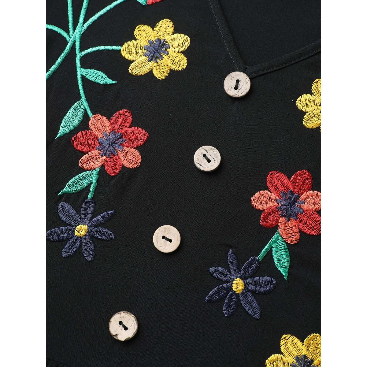 Plus Size Rayon Floral Embroidery Midi Dress Black Women Leisure V-neck Half Sleeve Curvy BloomChic 22-24/3X Product Image