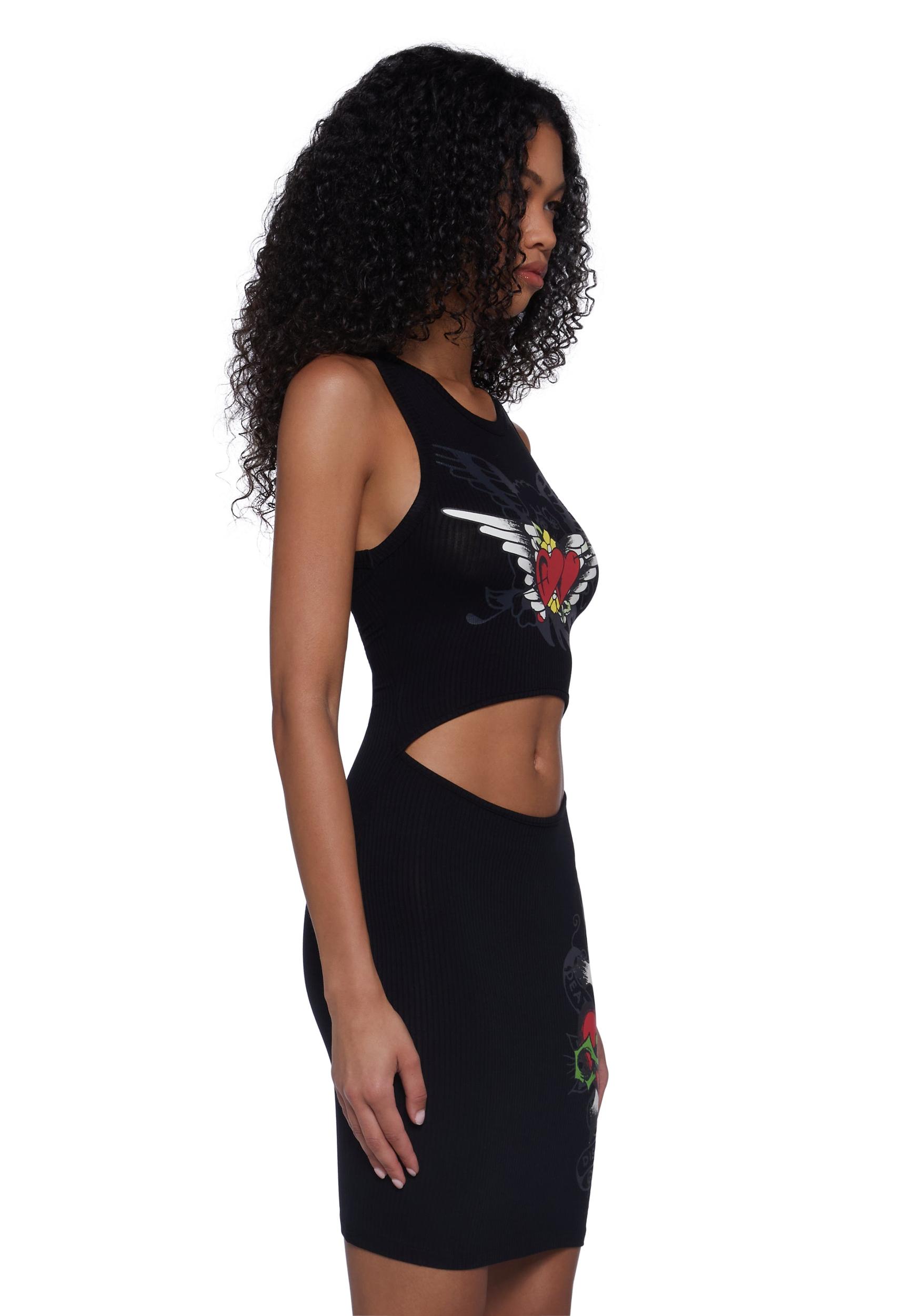 Ed Hardy Heart Wings Cut Out Ribbed Tank Dress - Black Product Image