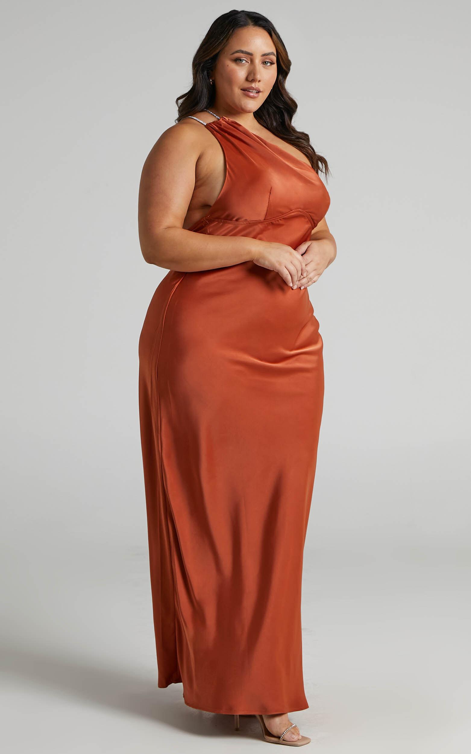Elzales Midi Dress - One Shoulder Beaded Strap Satin Dress in Rust Product Image