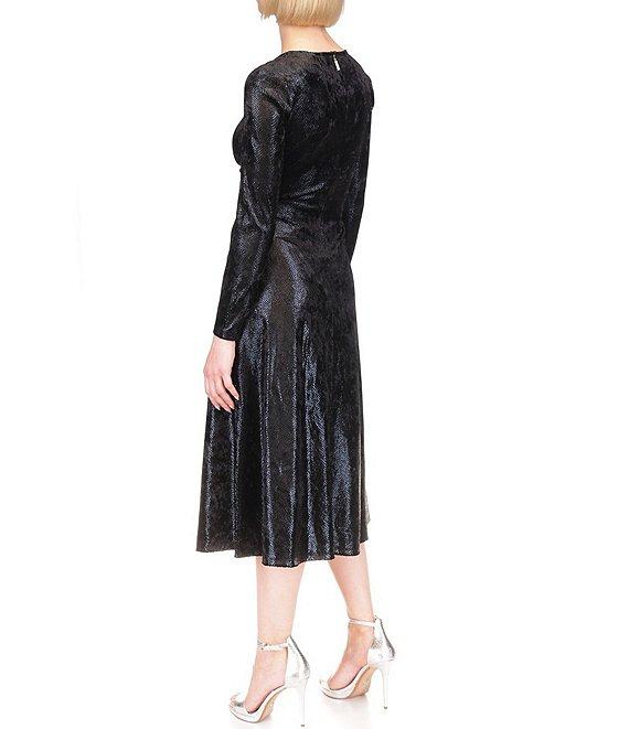 Michael Kors Foil-Printed Velvet Keyhole Crew Neck Long Sleeve Ruched A-Line Midi Dress Product Image