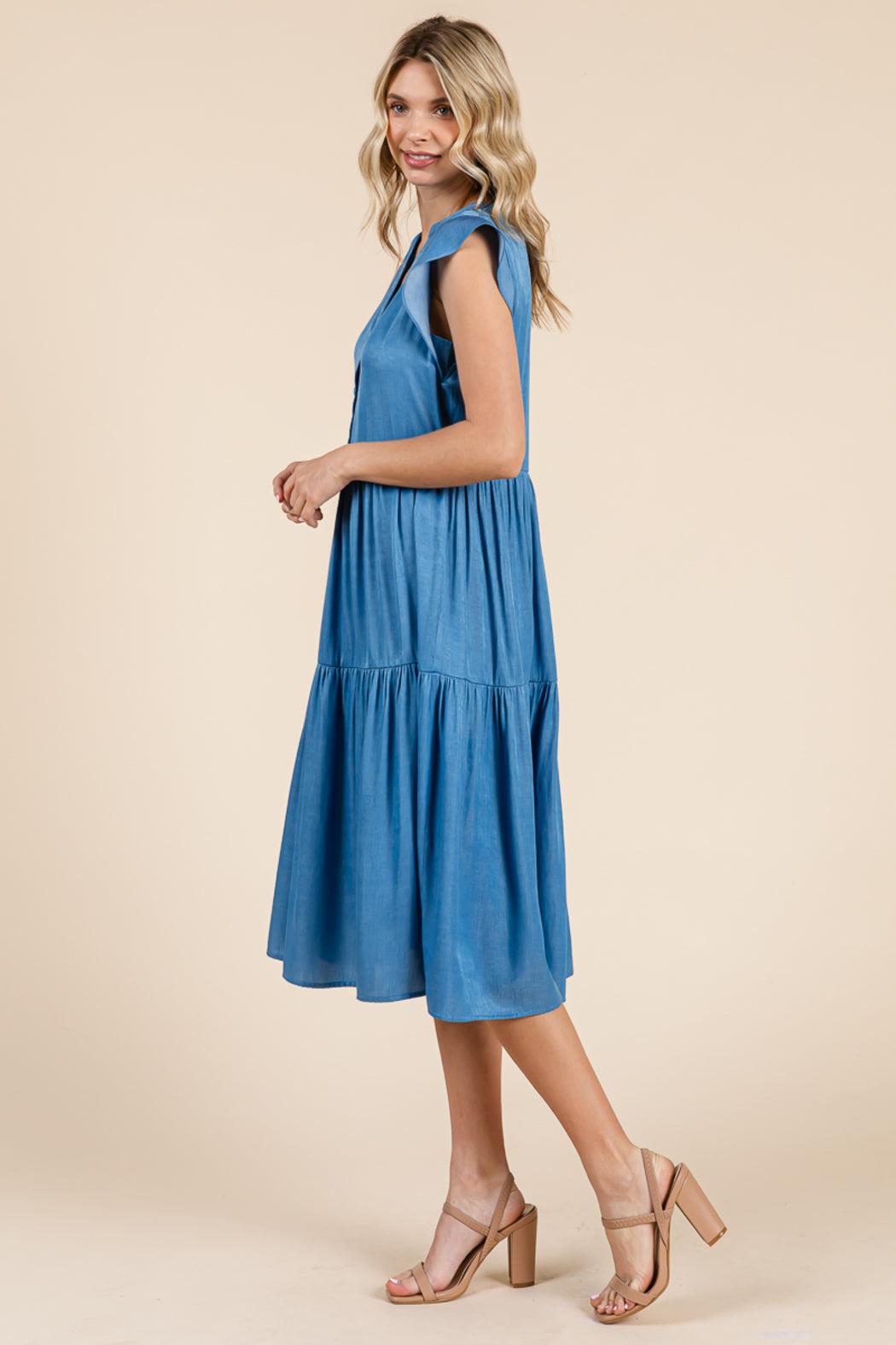 Tiered Flutter Sleeve Chambray Midi Dress Product Image