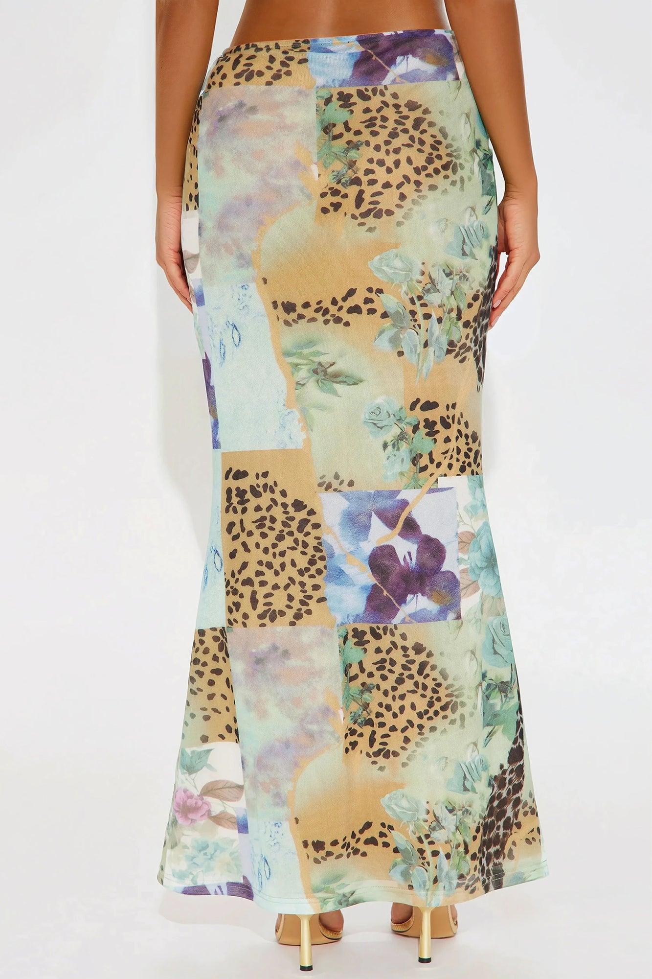 Laila Floral Leopard Print Mesh Maxi Skirt - Green/combo Product Image