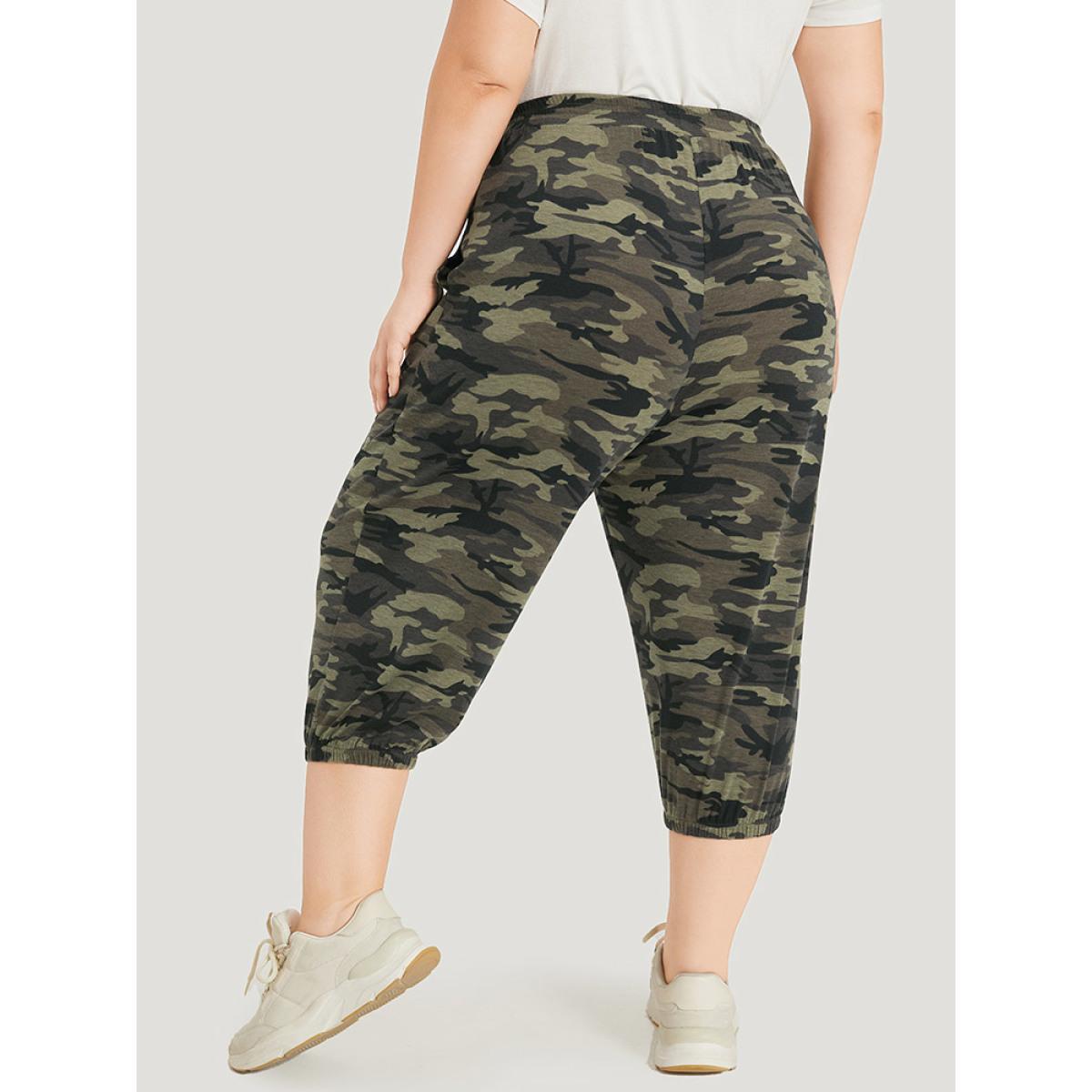 Camo Drawstring High Rise Pocket Cropped Sweatpants ArmyGreen Plus Size Women Casual Dailywear Cross straps 10/M Bloomchic Product Image