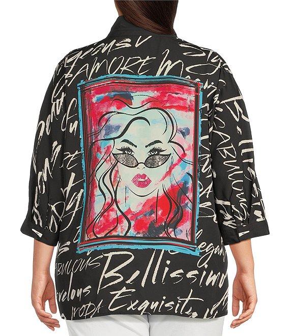 Ali Miles Plus Size Woven Printed Wire Collar 3/4 Roll-Tab Sleeve Button Front Tunic Product Image