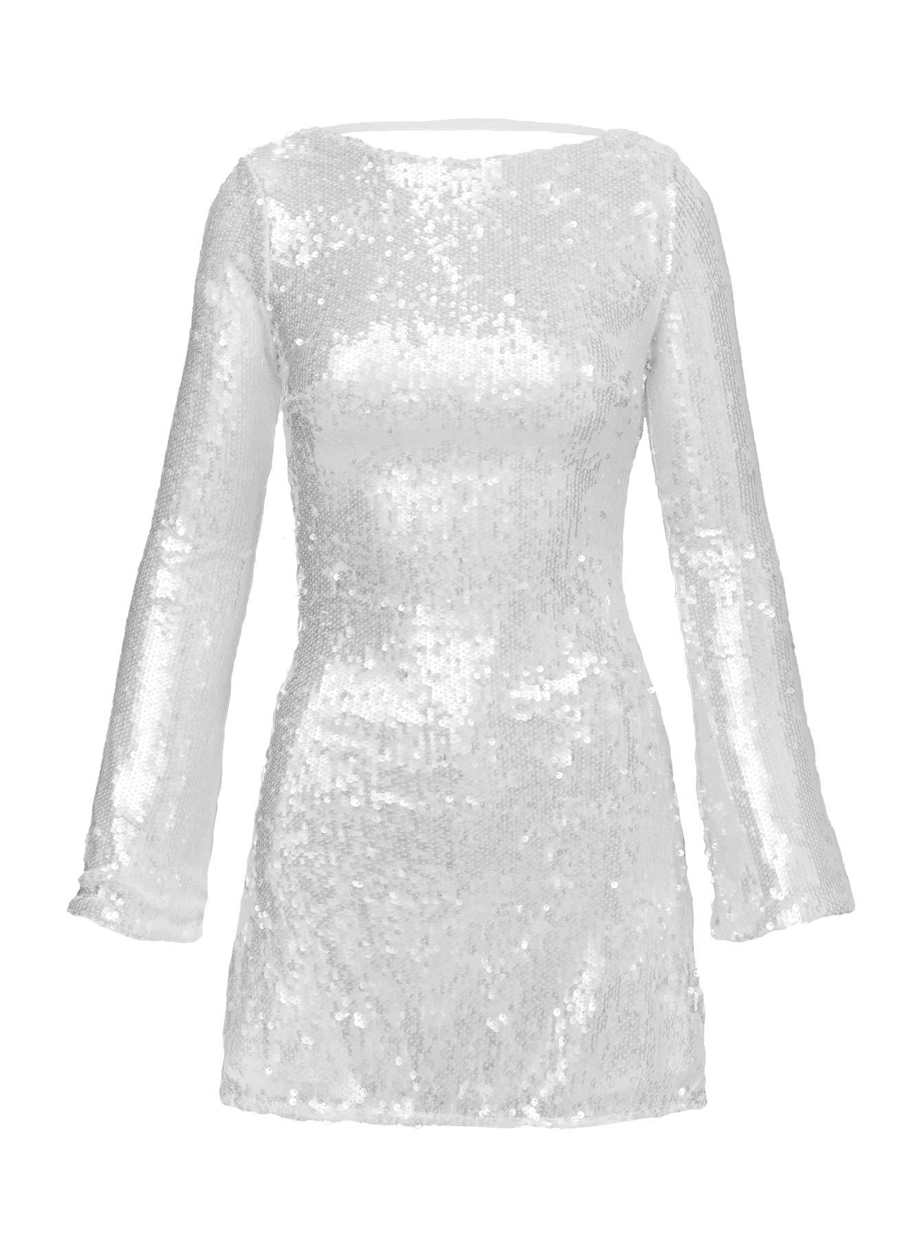 Interstella Sequin Long Sleeve Mini Dress White Product Image