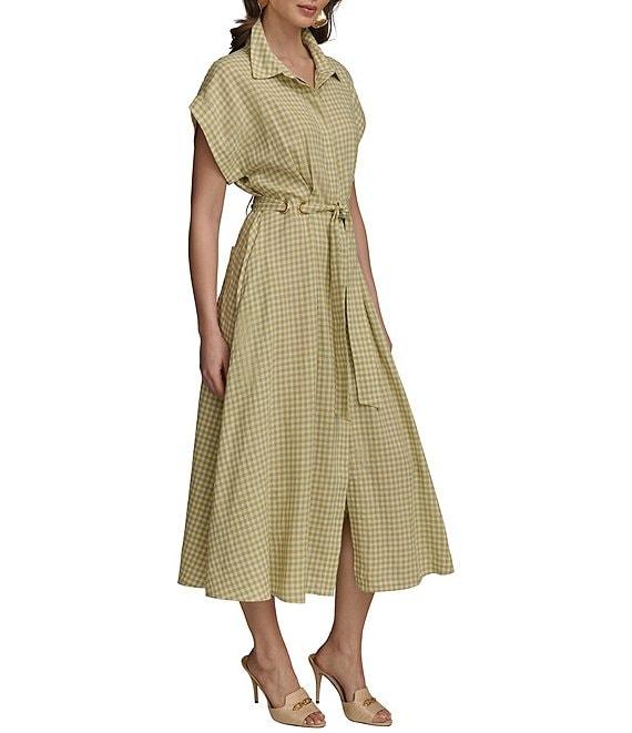 Donna Karan Short Sleeve Gingham Midi Shirt Dress Product Image