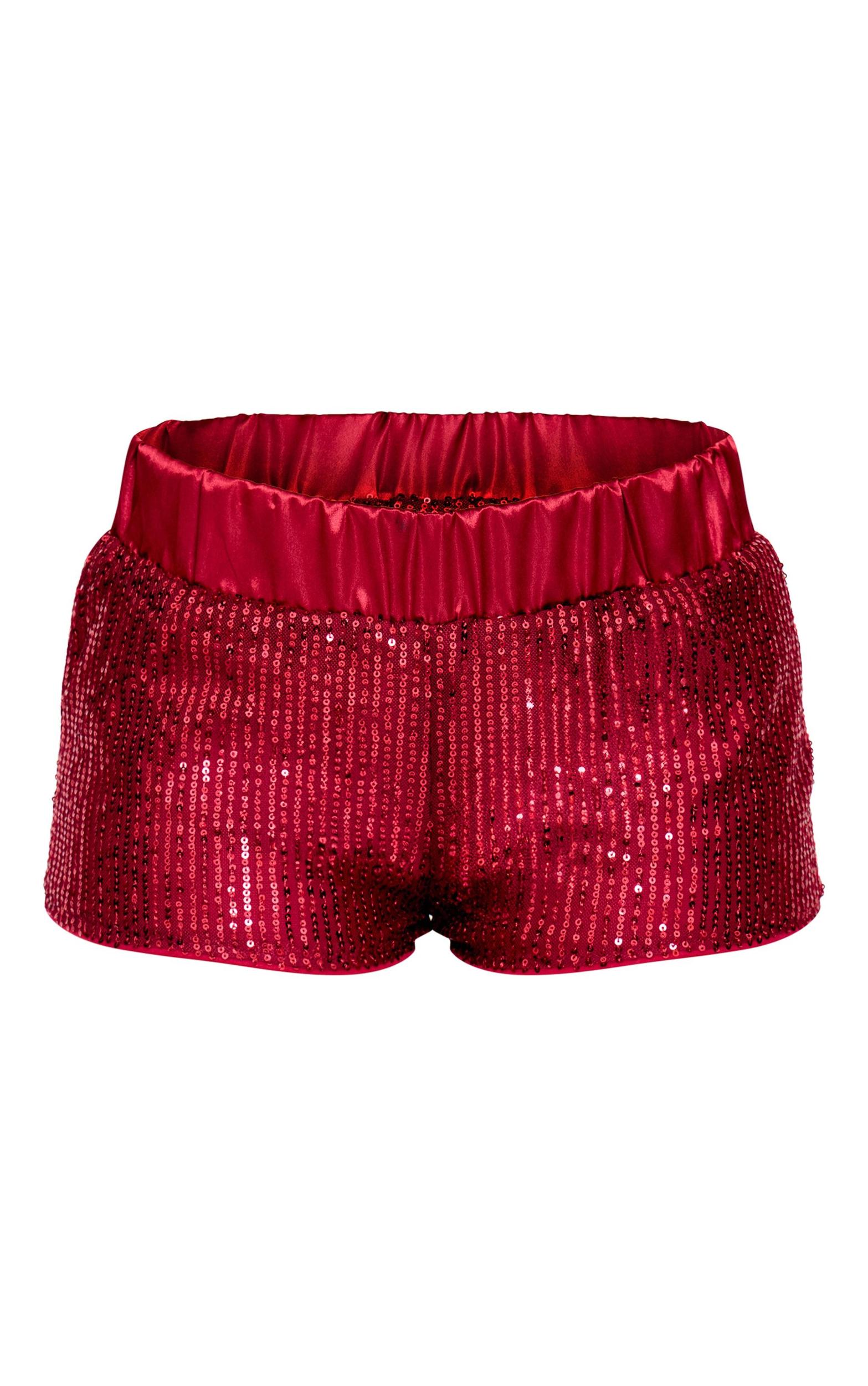 Burgundy Waistband Detail Sequin Mini Shorts Product Image