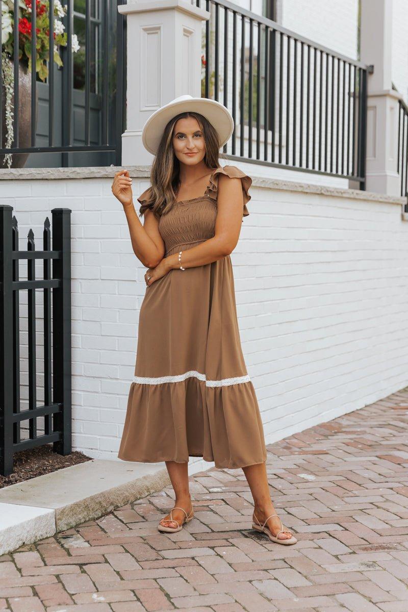 Brown Contrast Flutter Sleeve Midi Dress - FINAL SALE Female Product Image