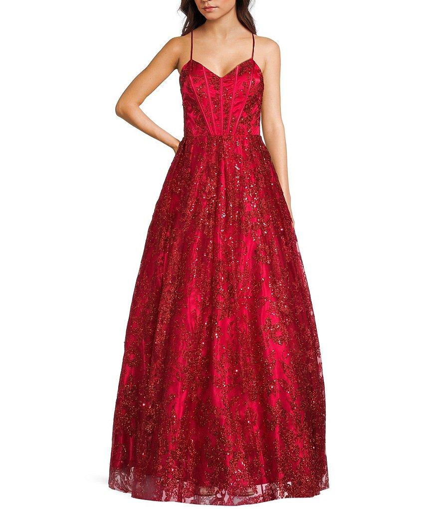 Blondie Nites Glitter Pattern V-Neck Spaghetti Straps Corset Tie-Back Gown Product Image