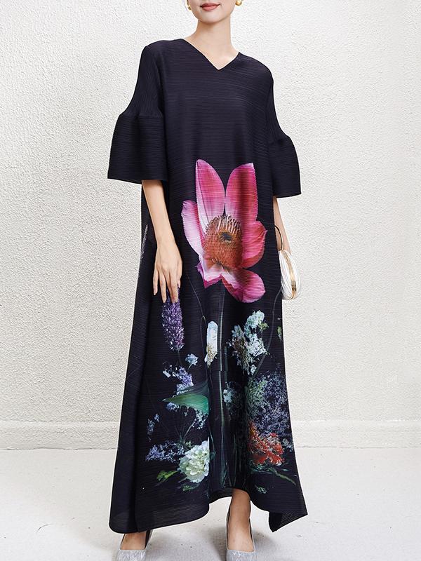 A-Line Flared Sleeves Flower Print Pleated V-Neck Maxi Dresses Product Image
