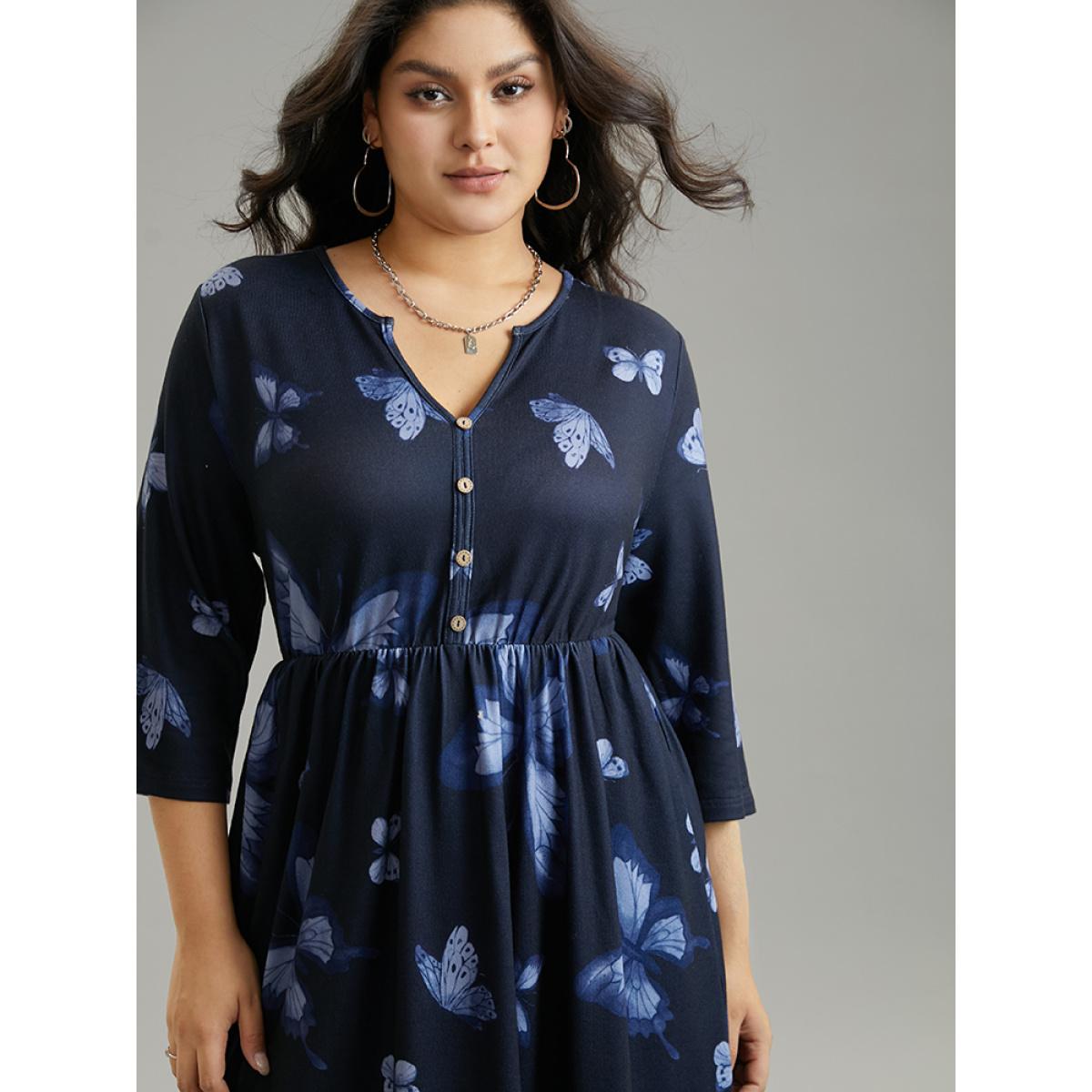 Plus Size Butterfly Print Notched Elastic Waist Button Detail Dress Midnight Women Casual Gathered Notched collar Elbow-length sleeve Curvy Midi Dress BloomChic 14-16/1X Product Image