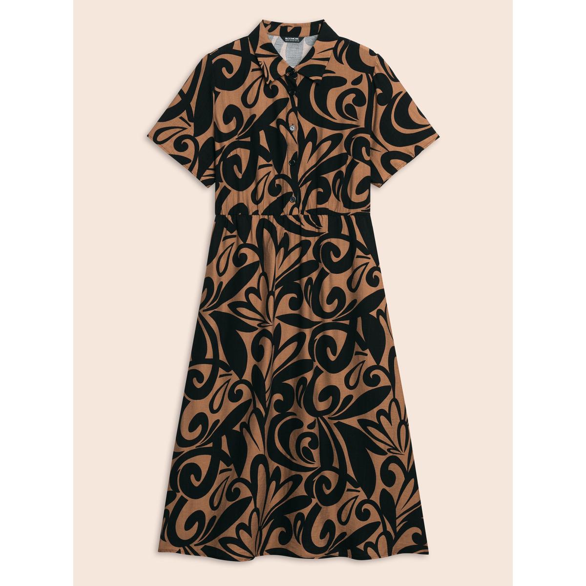 Plus Size Boho Print Shirt Collar Midi Dress Yellowishbrown Women At the Office Button Shirt collar Short sleeve Curvy BloomChic 26/4X Product Image