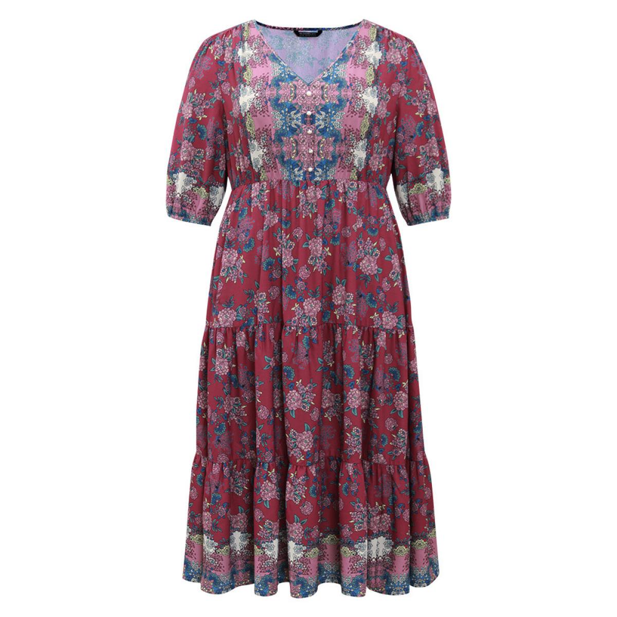 Plus Size Boho Print Button Detail Ruffle Layered Hem Dress RedViolet Women Resort Elastic cuffs V-neck Elbow-length sleeve Curvy Midi Dress BloomChic 22-24/3X Product Image