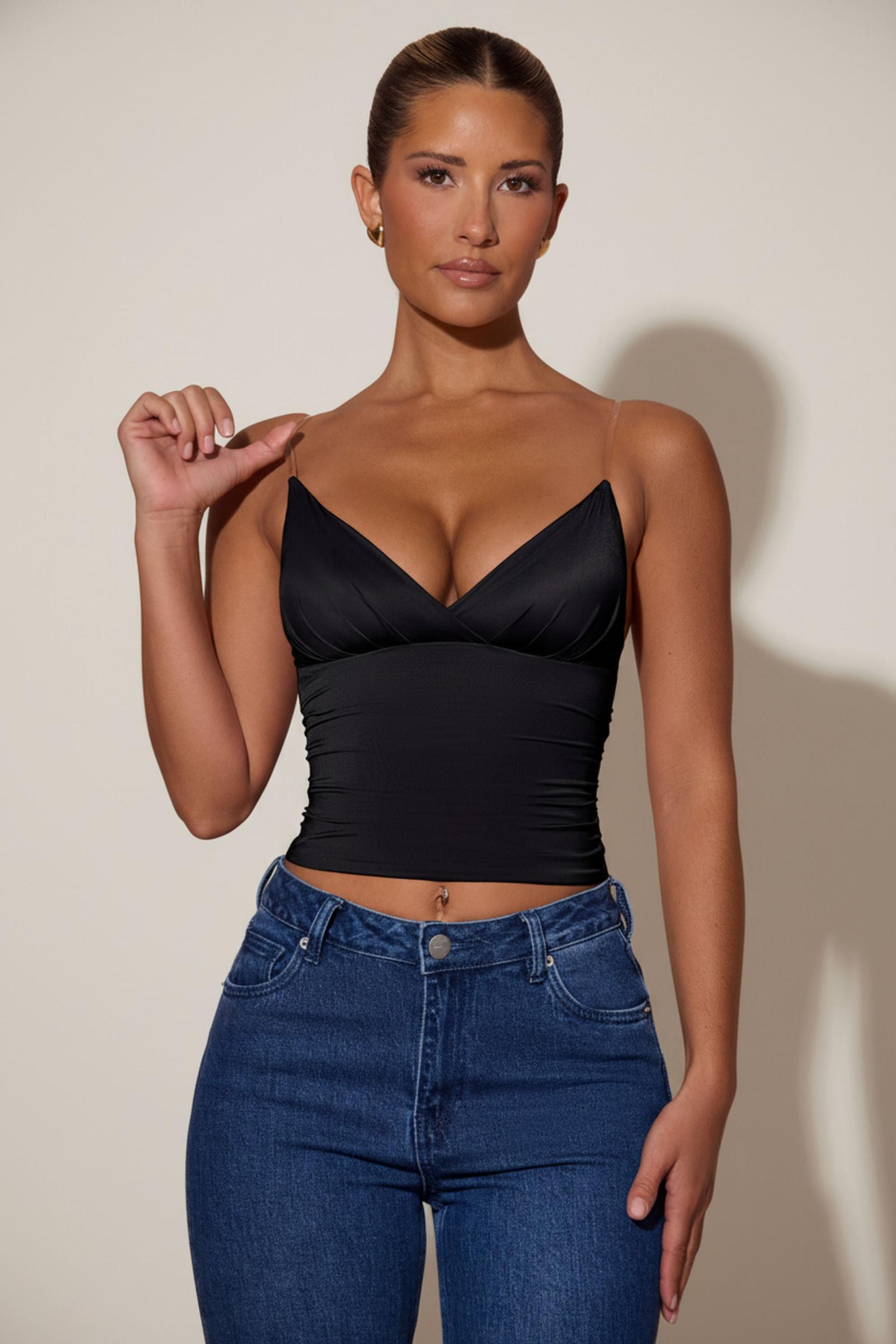Ruched Plunge-Neck Camisole Top in Black Product Image