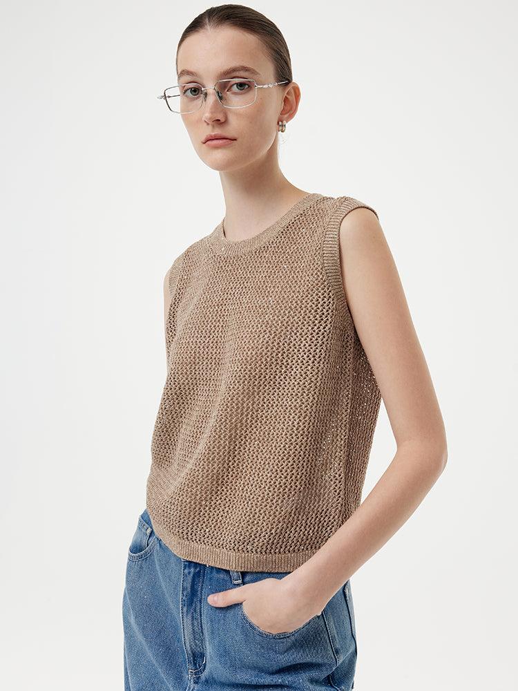 Linen Sequin-Embellished Women Open-Knit Tank Top Product Image