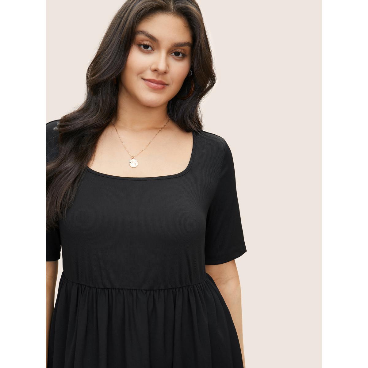 Plus Size Plain Square Neck Gathered Elastic Waist Dress Black Women Casual Non Square Neck Short sleeve Curvy Midi Dress BloomChic 22-24/3X Product Image