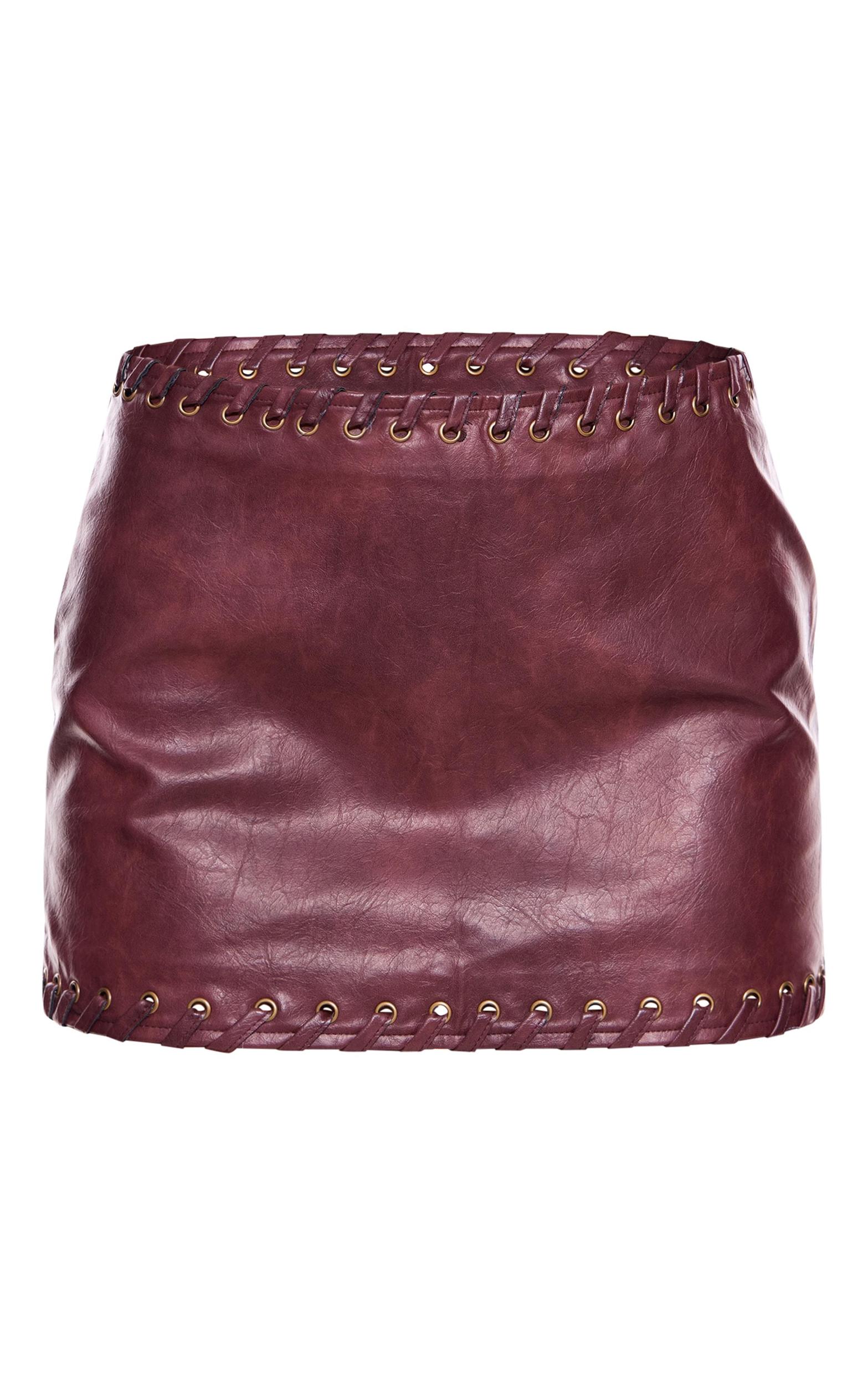 Burgundy Faux Leather Plaited Mini Skirt Product Image