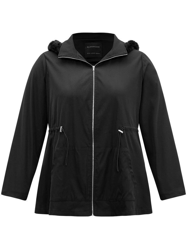 Plain Zipper Hooded Pocket Drawstring Coat Female Product Image