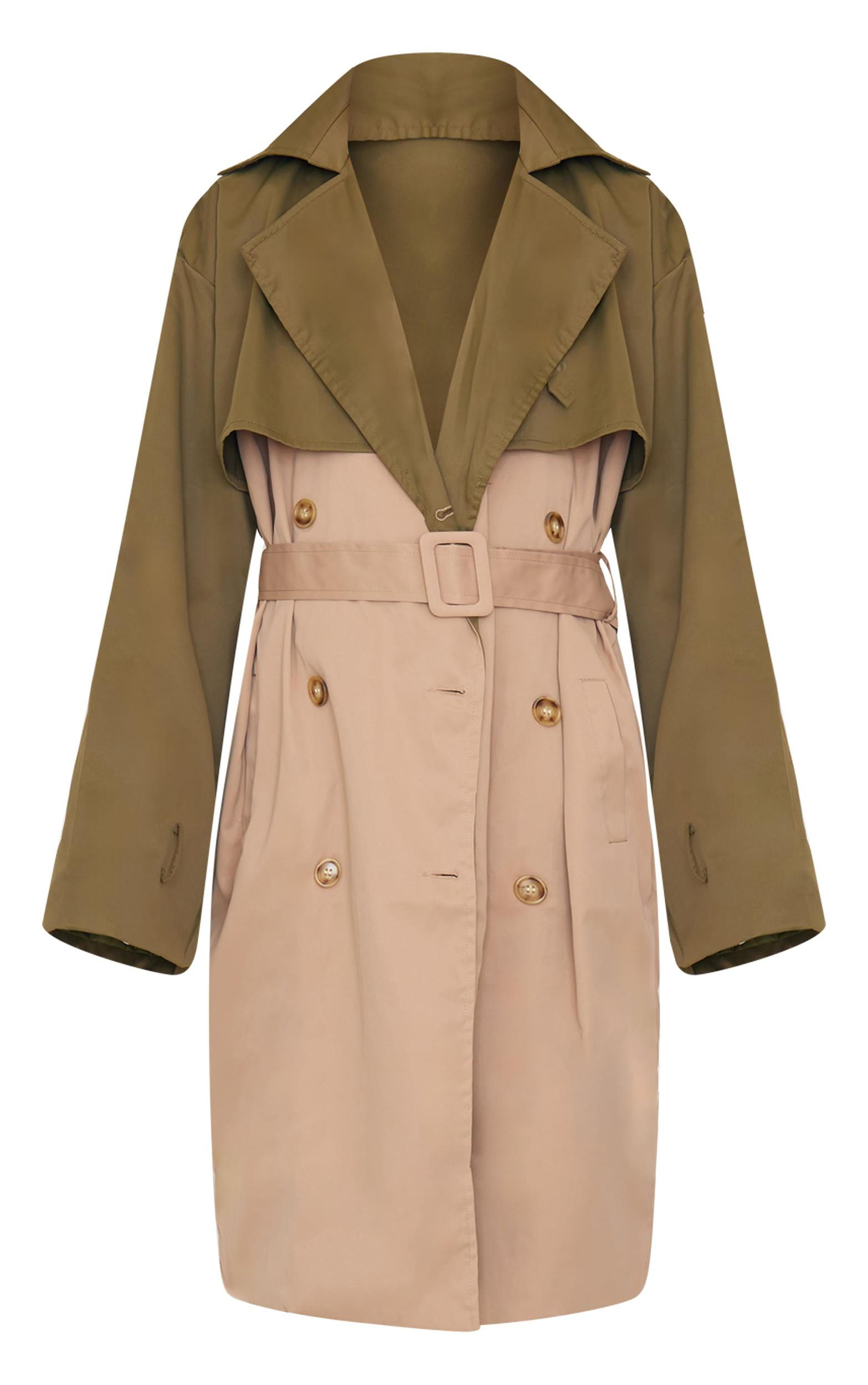 Khaki Contrast Oversized Belted Midi Trench Coat Product Image