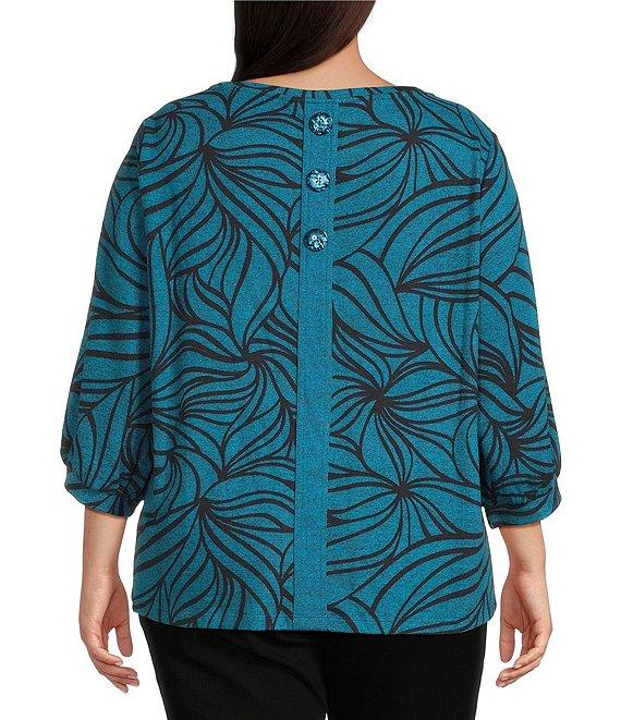 Ali Miles Plus Size Brushed Knit Stripe Round Neck 3/4 Cuff Sleeve Tunic Product Image