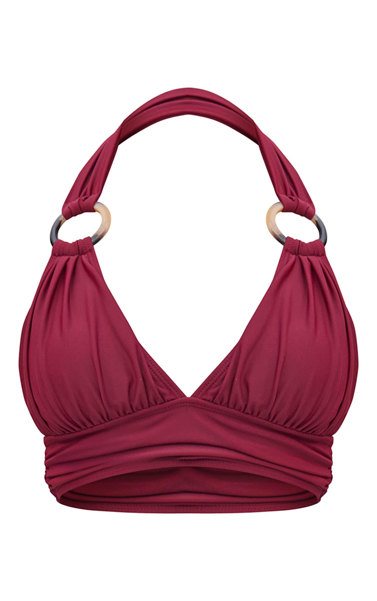 Burgundy O Ring Detail Ruched Triangle Bikini Top Product Image