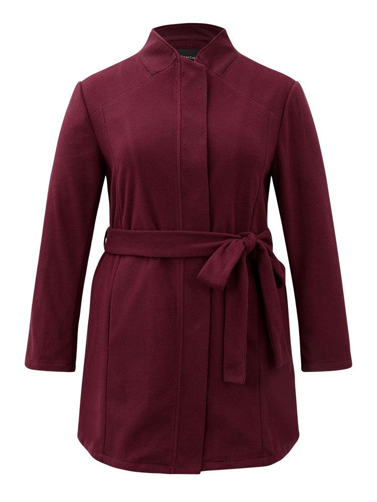 Solid Button Fly Stand Collar Belted Pocket Coat Female Product Image