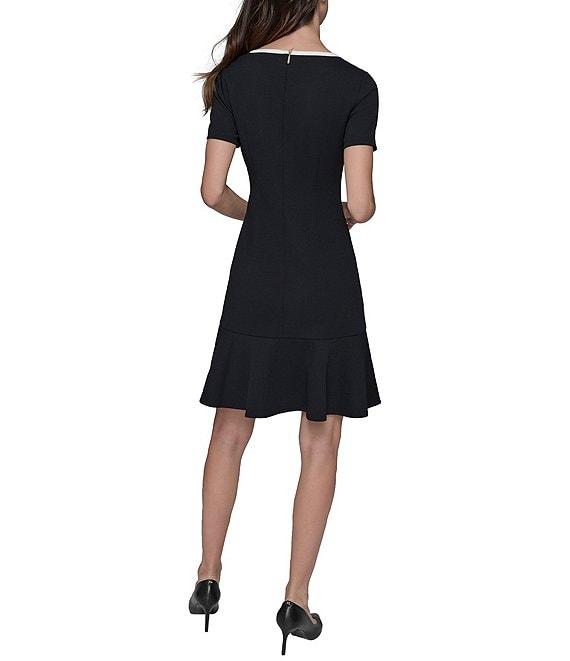KARL LAGERFELD PARIS Short Sleeve Bow Detail Stretch Scuba Crepe Aline Dress Product Image