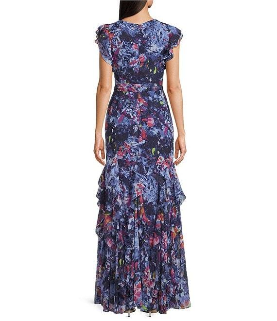 Lauren Ralph Lauren Vikrana Crinkle Georgette V-Neck Cap Sleeve Ruffle Front A-Line Dress Product Image