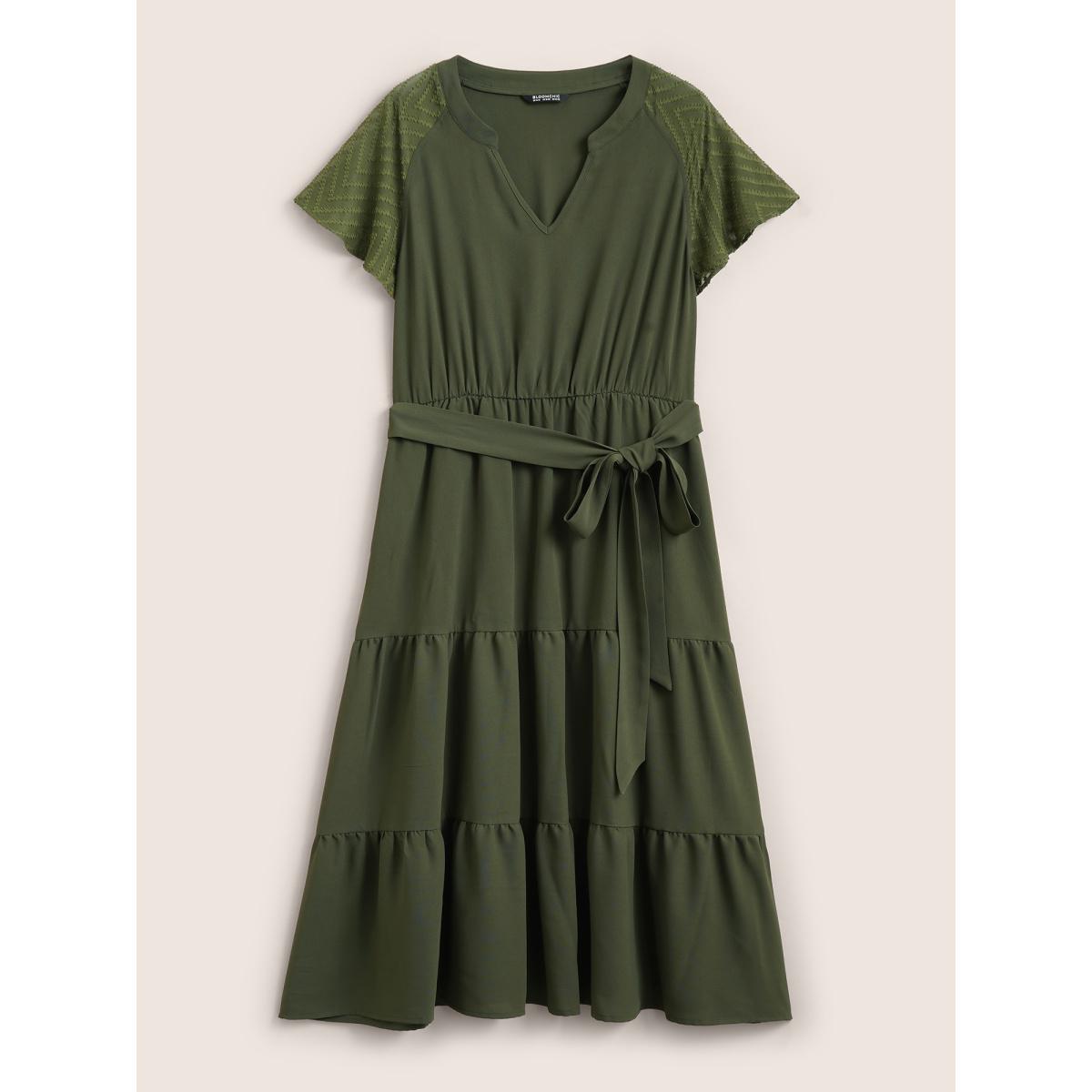 Plus Size Texture Patchwork See Through Raglan Sleeve Dress ArmyGreen Women At the Office Texture Flat collar with V-notch Short sleeve Curvy Midi Dress BloomChic 30/6X Product Image