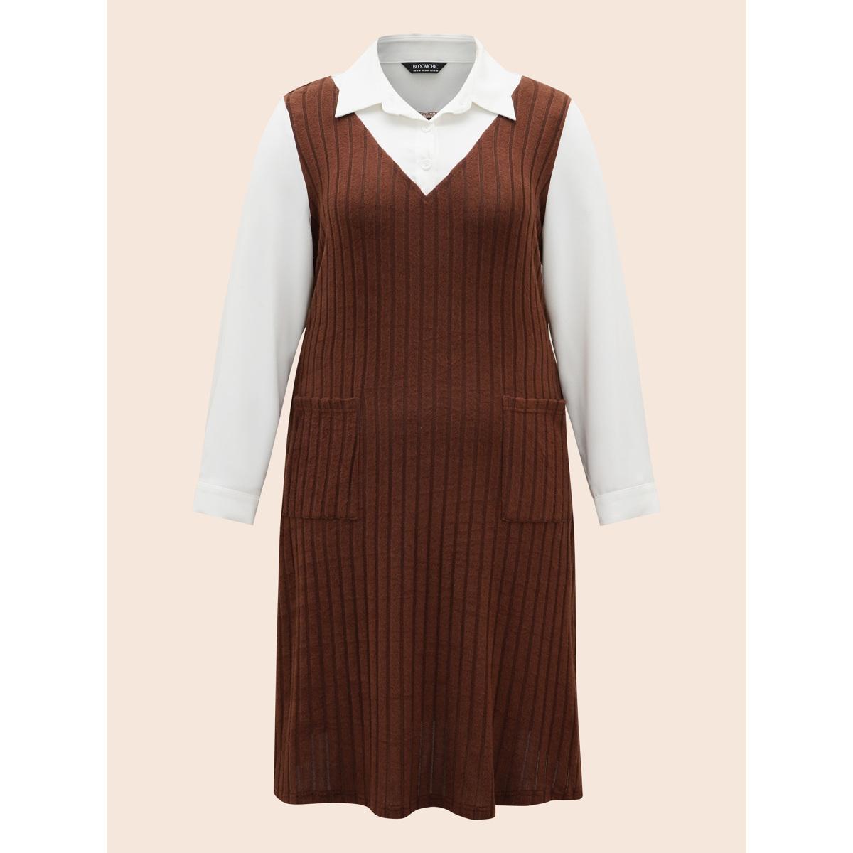Plus Size Shirt Collar Rib Knit Patchwork Dress Browncoffeecolor Women Casual Texture Shirt collar Long Sleeve Curvy BloomChic 10/M Product Image