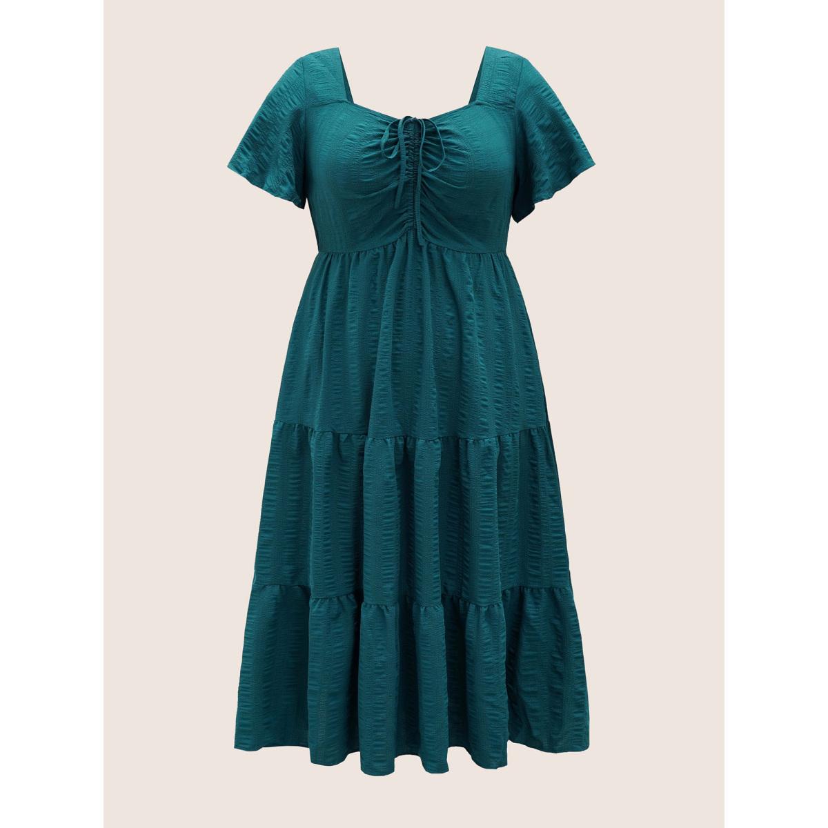 Plus Size Plain Ruched Drawstring Pocket Ruffle Tiered Dress DarkGreen Women Elegant Non V-neck Short sleeve Curvy Midi Dress BloomChic 28/5X Product Image