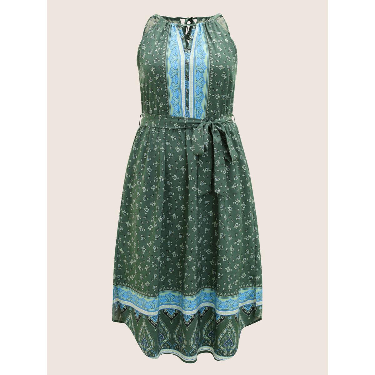 Plus Size Bandana Print Halter Neck Tie Knot Dress Moss Women Resort Gathered Halter neck Sleeveless Curvy BloomChic 22-24/3X Product Image