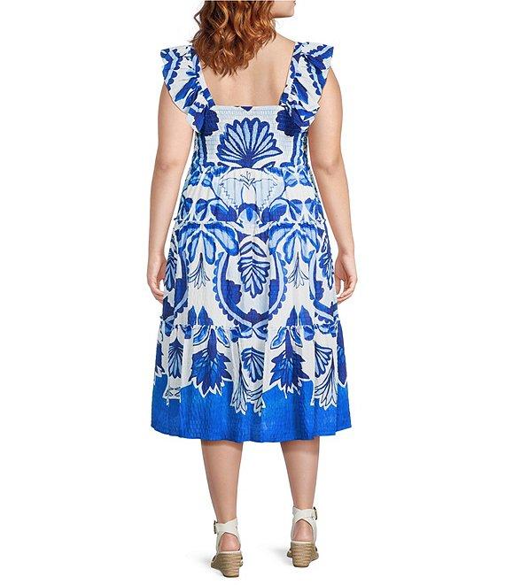 Vince Camuto Plus Size Smocked Square Neck Sleeveless Printed Fit And Flare Midi Dress Product Image