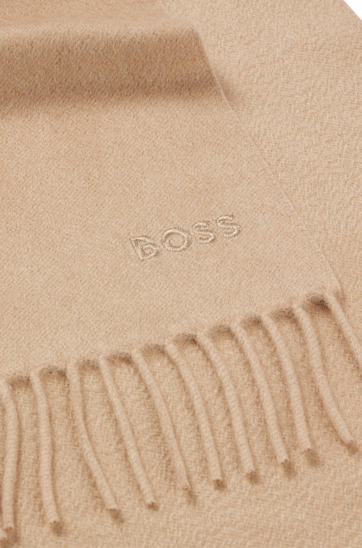 Fringed scarf in pure Italian cashmere with embroidered logo Product Image