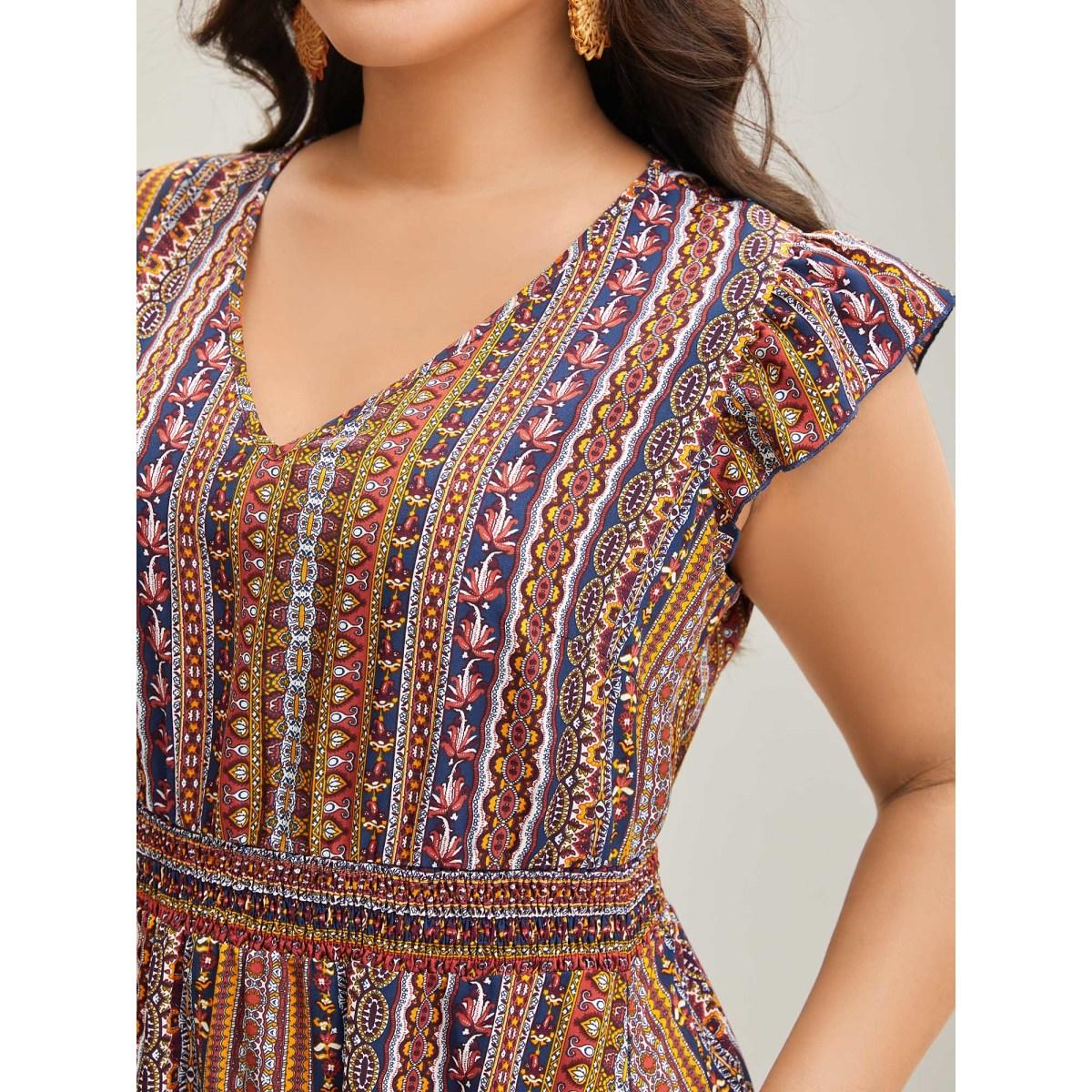 Plus Size Sunny Stripes Pockets Shirred Midi Dress Multicolor Women Boho V-neck Cap Sleeve Curvy BloomChic 18-20/2X Product Image