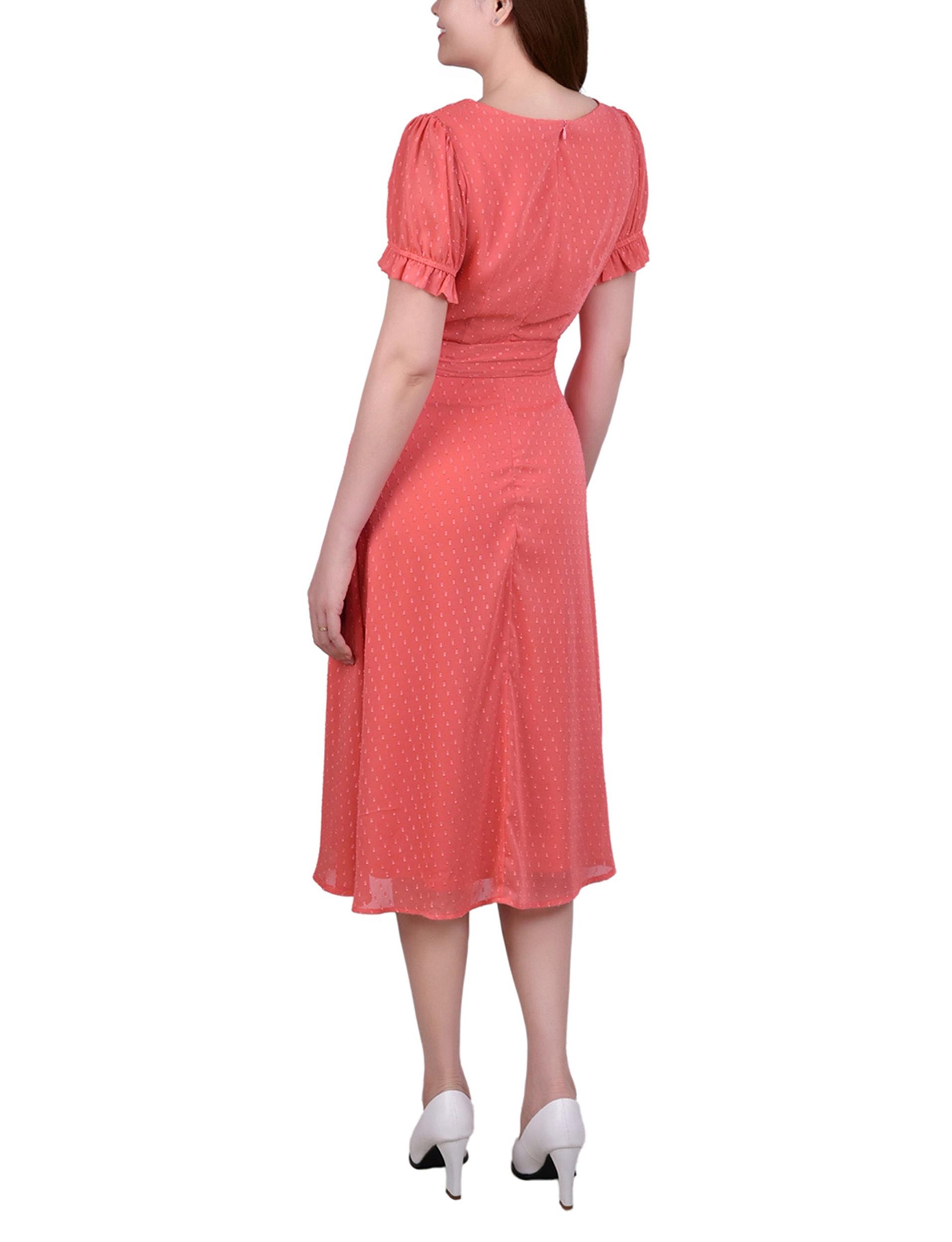 Spiced Coral Short Sleeve Belted Swiss Dot Dress - Petite Product Image