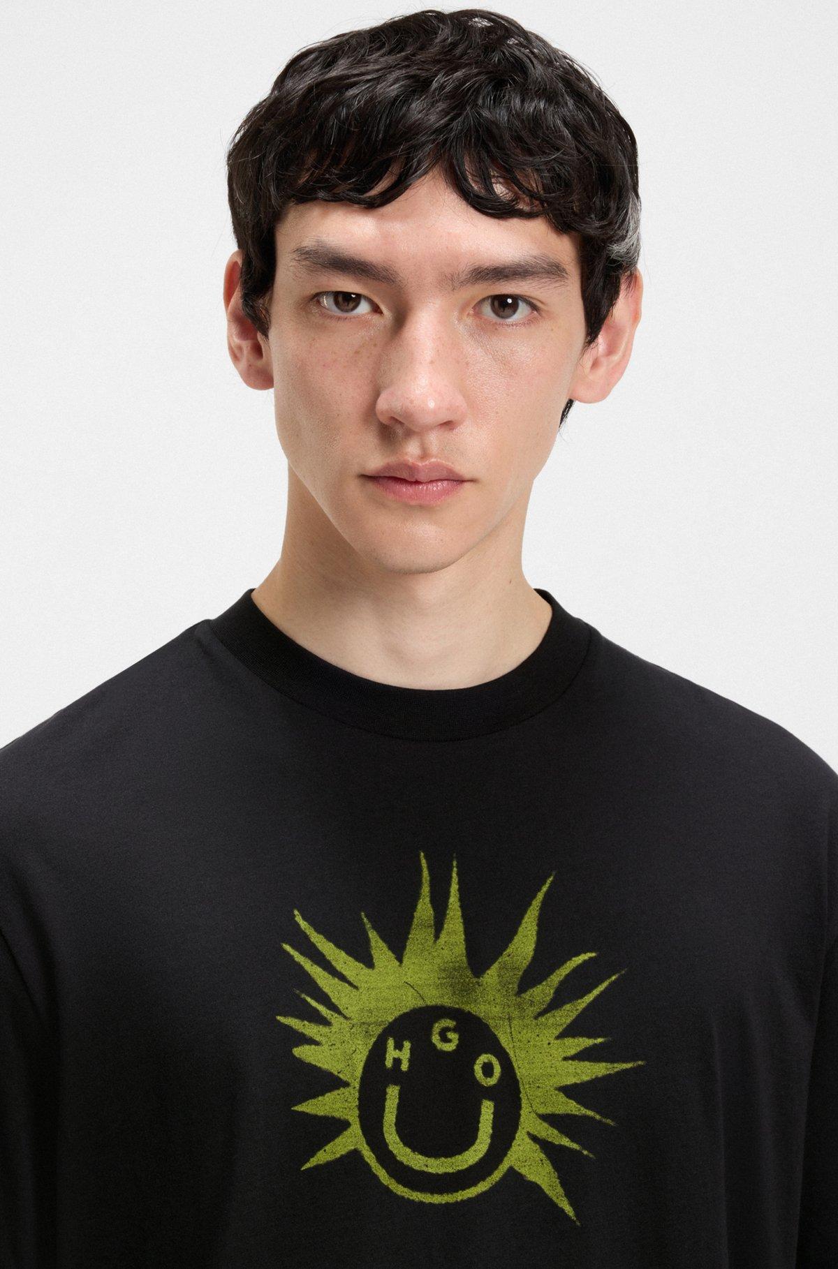 HUGO - Stretch-cotton T-shirt with graphic logo print - Black Product Image