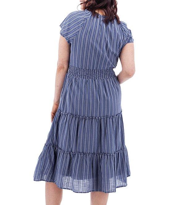 Aventura Colmar Stripe Organic Cotton Dobby Woven Split V-Neck Smocked Waist TIered Midi Dress Product Image