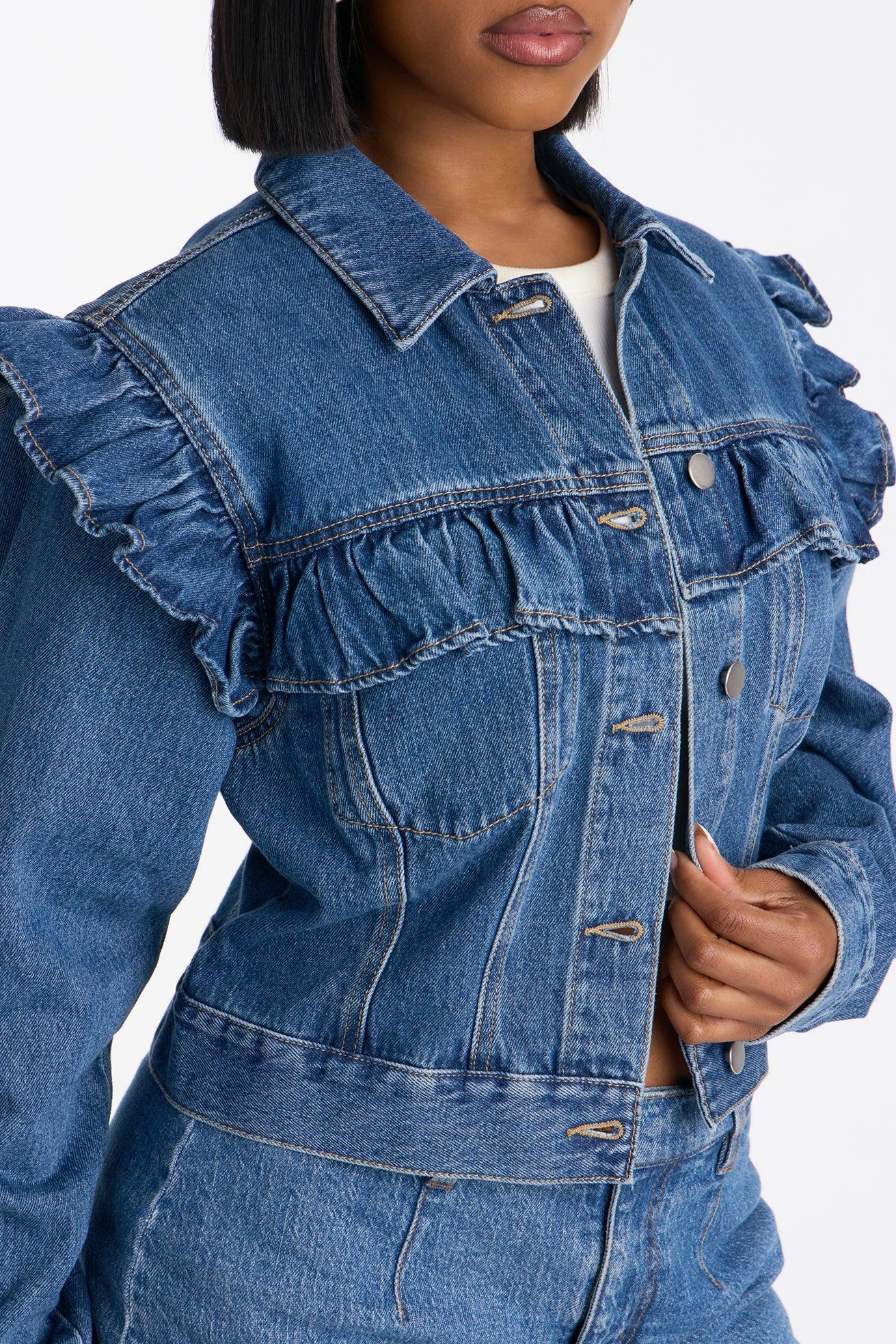 Scandi Ruffled Denim Jacket - Dark Wash Female Product Image