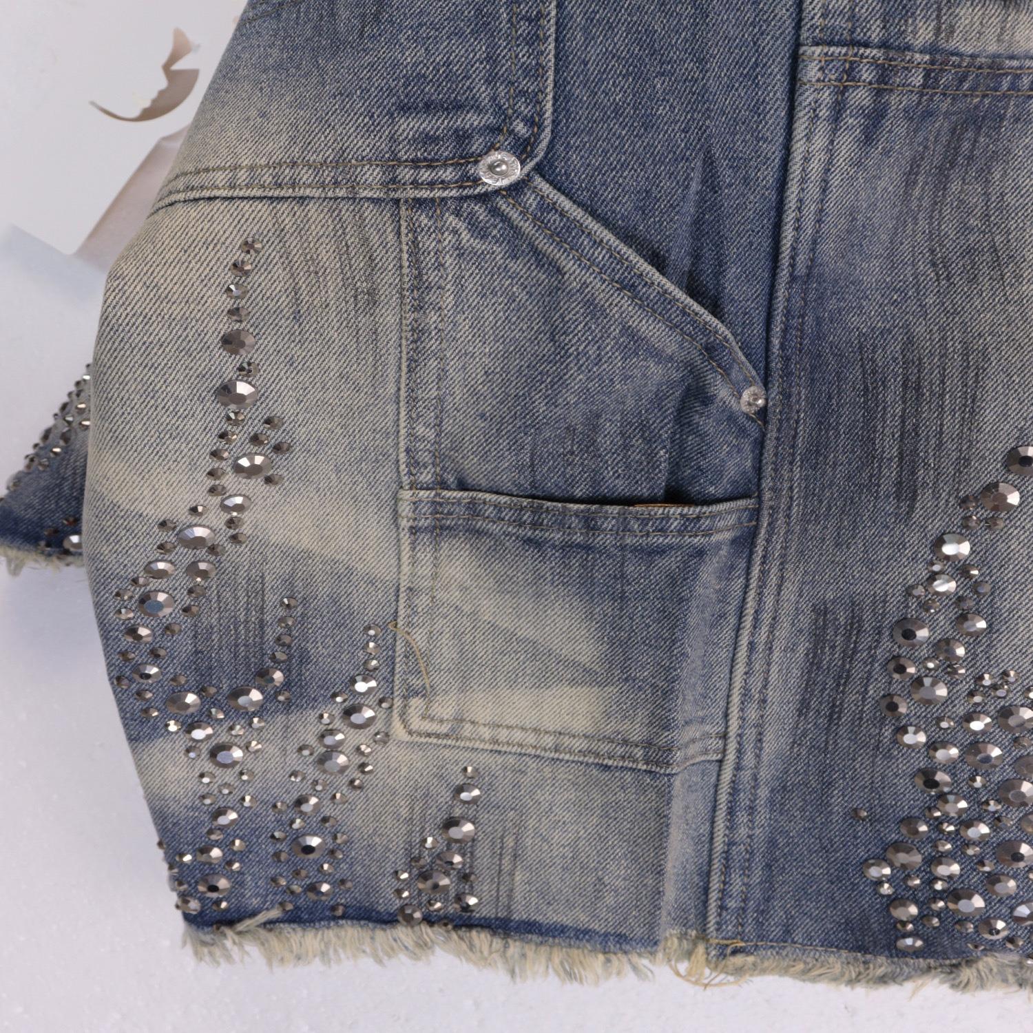 Hiphop Street Flame Rhinestone Five-point Denim Shorts Product Image