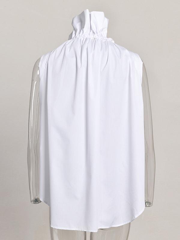 Loose Sleeveless Buttoned Drawstring Pleated Solid Color Stand Collar Vest Top Product Image