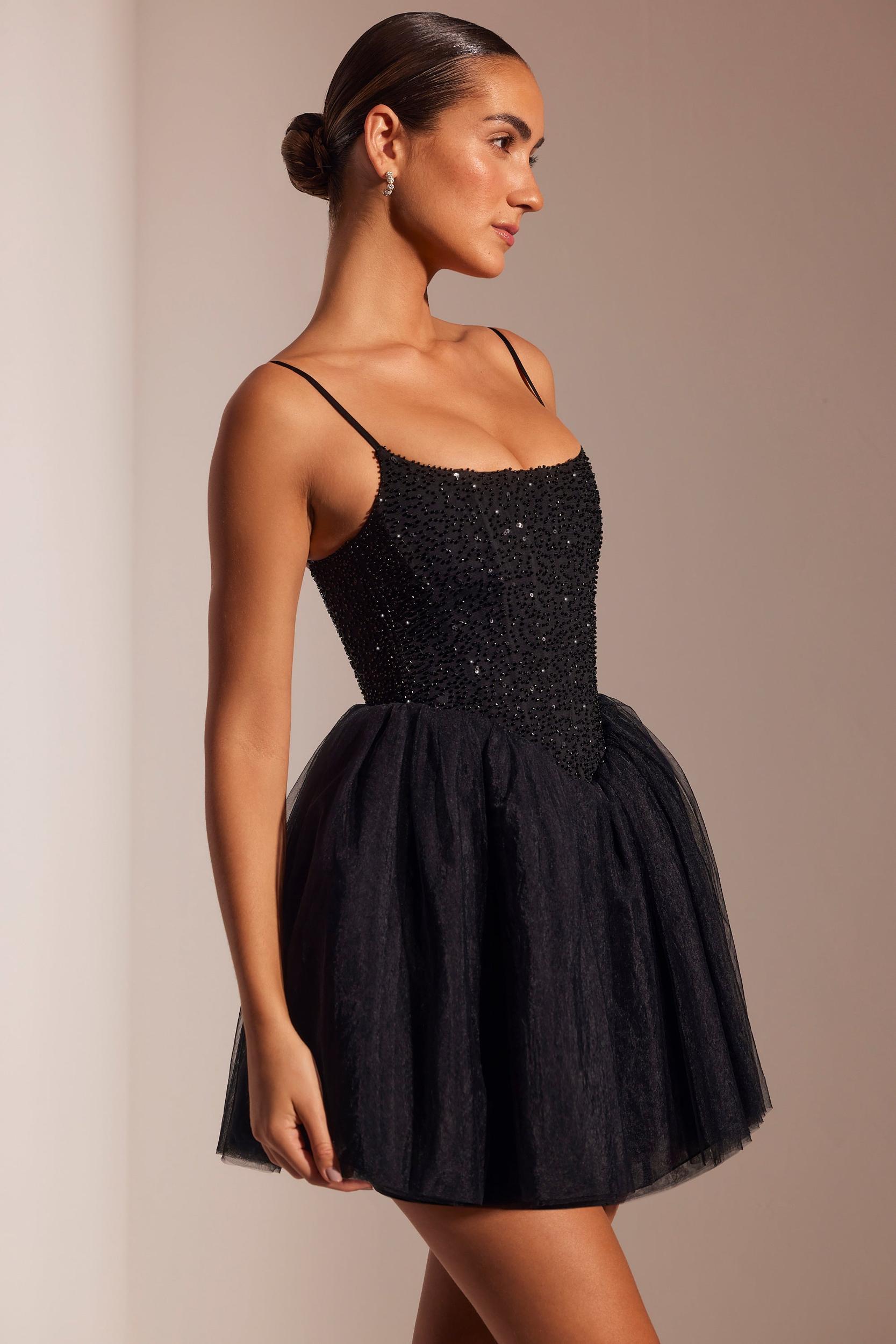 Embellished Corset Tulle Skirt Mini Dress in Black Product Image