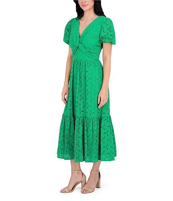Kensie V-neck Short Sleeve Twist Front Flounce Hem Cotton Eyelet A-Line Midi Dress Product Image