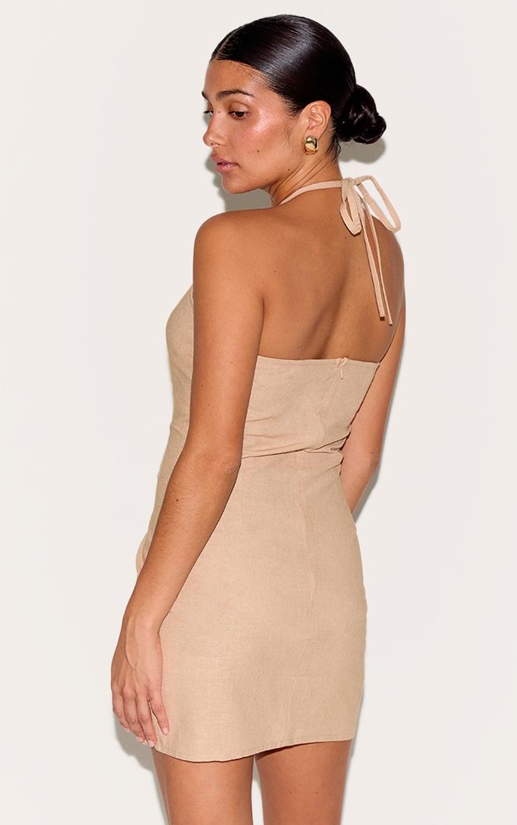Petite Stone Linen Look Halterneck Cut Out Mini Dress Product Image