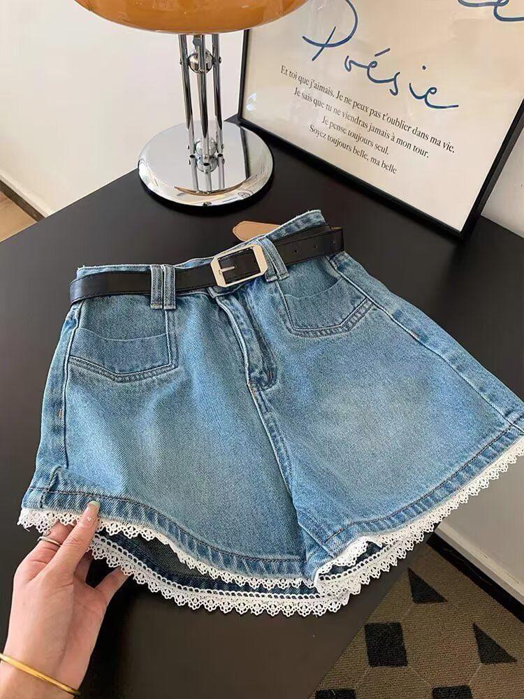 High Waist Washed Lace Trim Denim Shorts Product Image